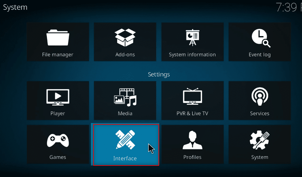 คลิกที่การตั้งค่าอินเทอร์เฟซ  วิธีเพิ่ม IMDB บน ​​Kodi