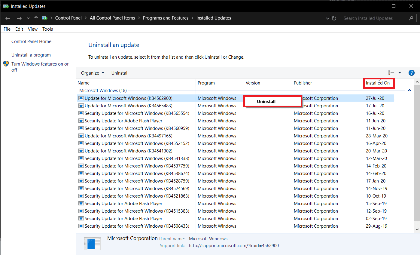 Fare clic con il pulsante destro del mouse sull'ultimo aggiornamento installato e selezionare Disinstalla