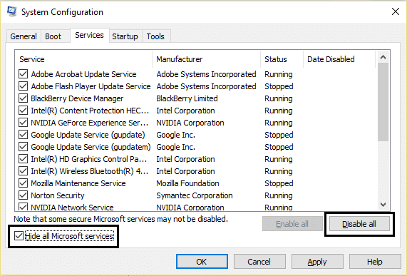 시스템 구성에서 모든 Microsoft 서비스 숨기기