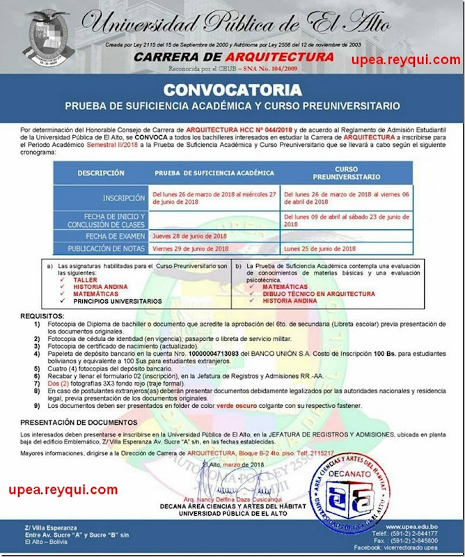 Arquitectura UPEA II/2018: Convocatoria a la Prueba de Suficiencia Académica y Curso Preuniversitario