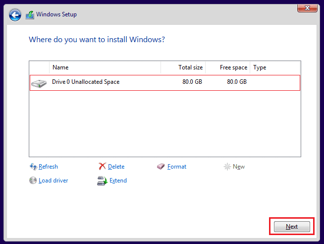  Select the unallocated or empty drive.