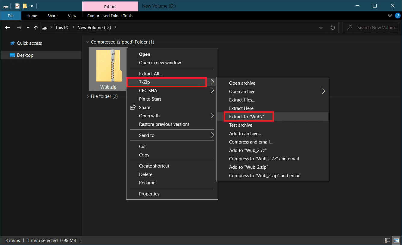 Options après clic droit sur Wub.zip