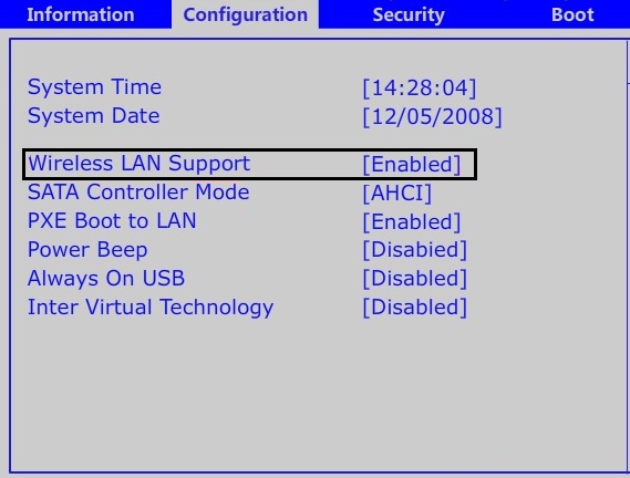 เปิดใช้งานความสามารถไร้สายจาก BIOS