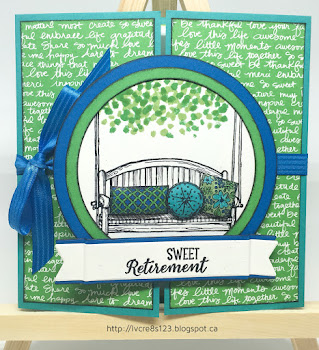 Linda Vich Creates: Sitting Here Retirement Card. The hanging swing from Sitting Here is the focal image of this lively and bright color schemed retirement card.