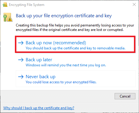 Abra la notificación y haga clic en Hacer copia de seguridad ahora para continuar.  Cómo cifrar una carpeta en Windows 10