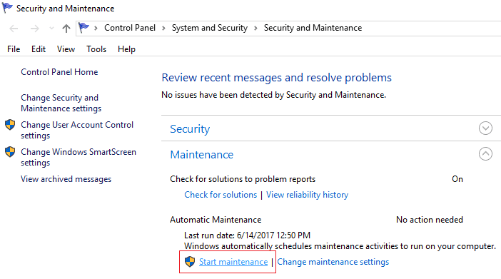 fare clic su Avvia manutenzione in Sicurezza e manutenzione