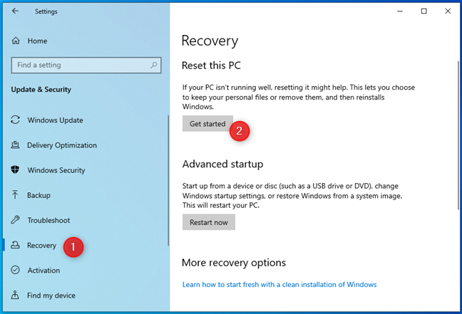 Démarrer avec le processus de réinitialisation dans Windows 10