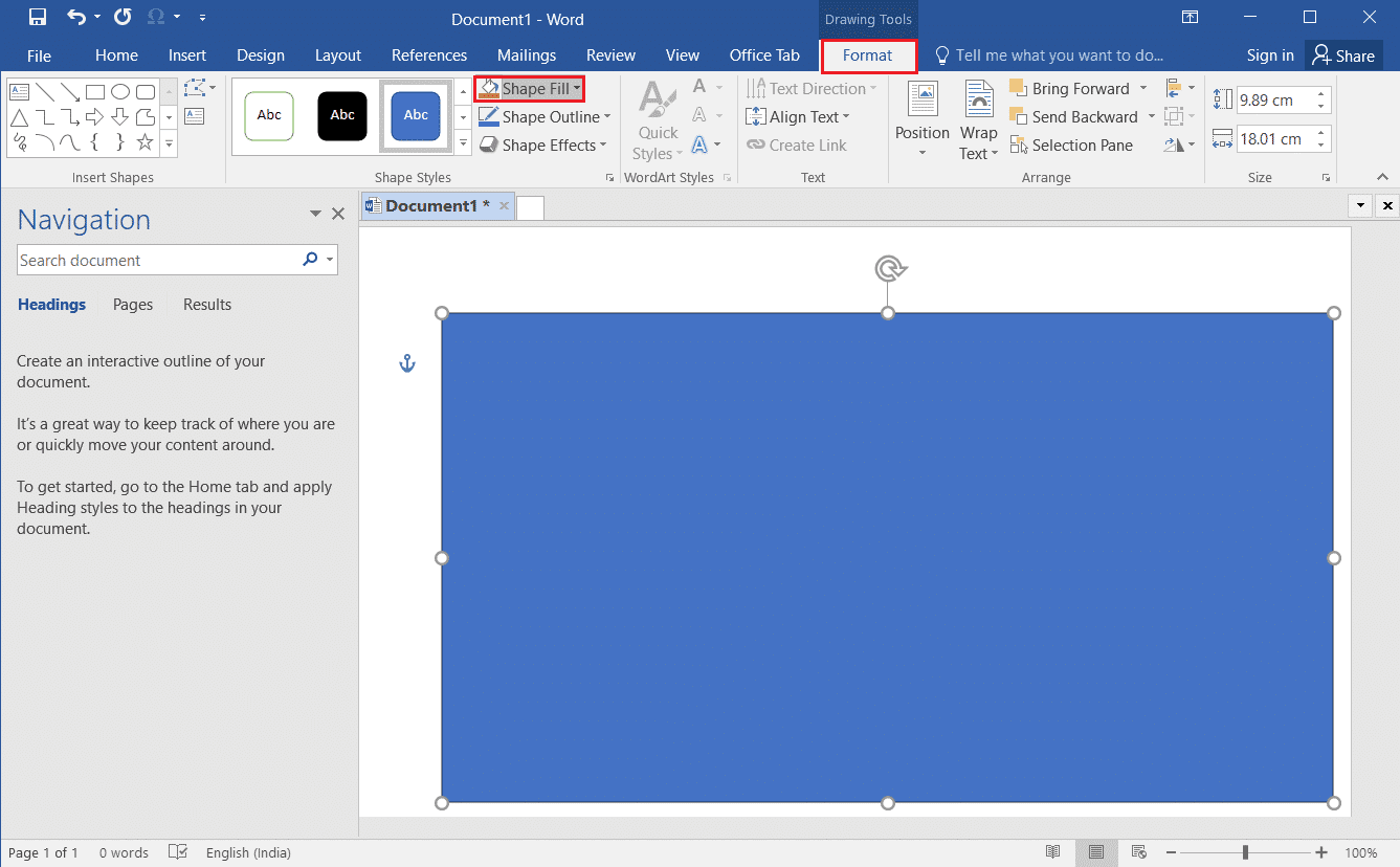 fare clic sulla scheda Formato e fare clic sull'opzione Riempimento forma in MS Word