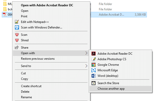 Fai clic con il pulsante destro del mouse su qualsiasi file PDF, quindi seleziona Apri con e quindi scegli un'altra app
