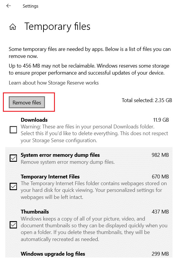 en archivos temporales, haga clic en el botón Eliminar archivos, configuración de almacenamiento del sistema