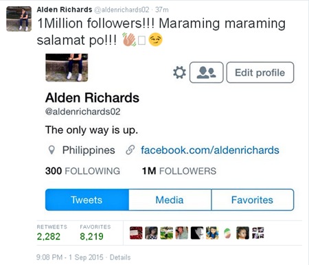 Alden Richards - 1M followers on Twitter