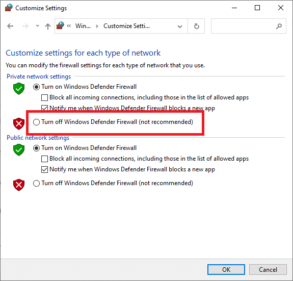 Wyłącz Zaporę Windows Defender i kliknij OK.  Napraw wyjście Unreal Engine z powodu utraty urządzenia D3D