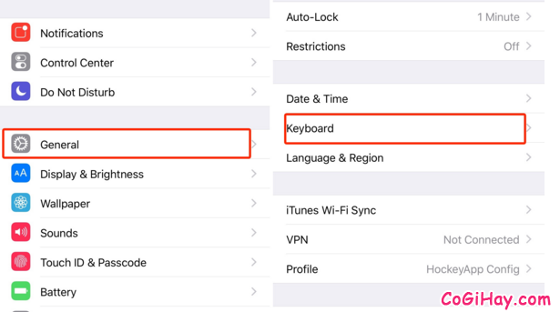 vào phần cài đặt keyboard của iPhone