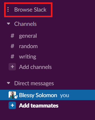Nhấp vào Duyệt qua Slack trong ngăn bên trái.  Cách gửi ảnh GIF trong Slack