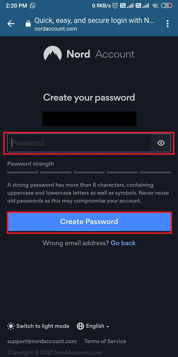 Crea una password complessa per il tuo account Nord e tocca crea password.  |  Come nascondere il tuo indirizzo IP su Android