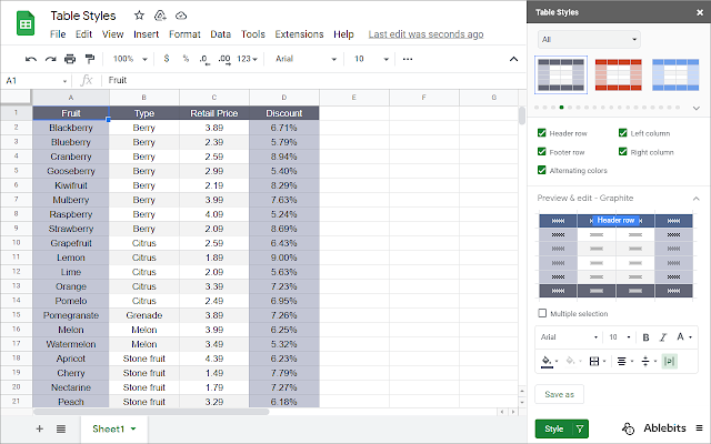 Screenshot of Table Styles