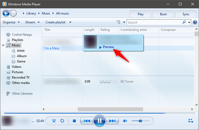 ดูตัวอย่างเพลงใน Windows Media Player