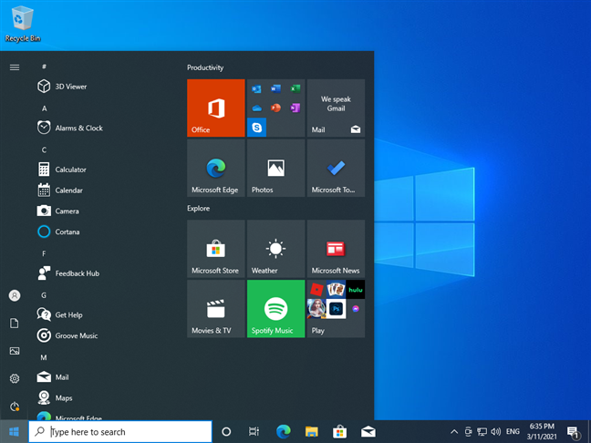 เดสก์ท็อป Windows 10 และเมนูเริ่ม