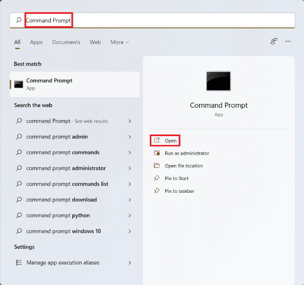 Zoekresultaten in het startmenu voor de opdrachtprompt.  Productcode vinden op Windows 11