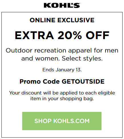 Kohls coupon 20% off outdoor recreation apparel
