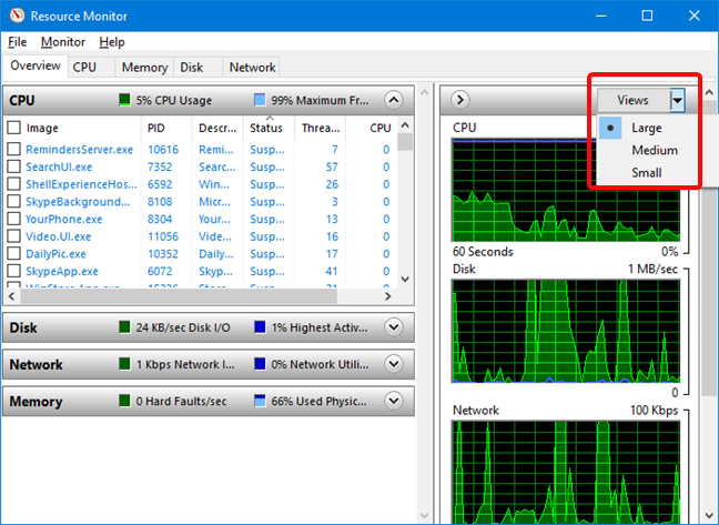 เปลี่ยนมุมมองในแท็บภาพรวมใน Resource Monitor