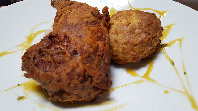 Buttermilk fried quarter chicken, buttered biscuits, potato salad. Foodie Finds: Mercer Hall, Stratford, Ontario