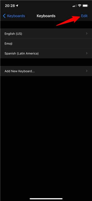 Toque Editar para administrar los diferentes teclados para iPhone