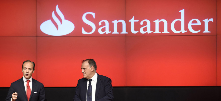 Javier Tebas en la presentación del acuerdo de LaLiga con Santander