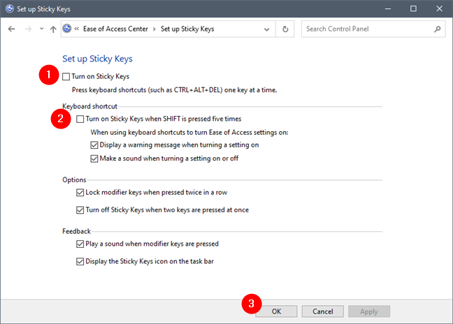 Panel de control: Desactivar Sticky Keys y el acceso directo de la tecla SHIFT