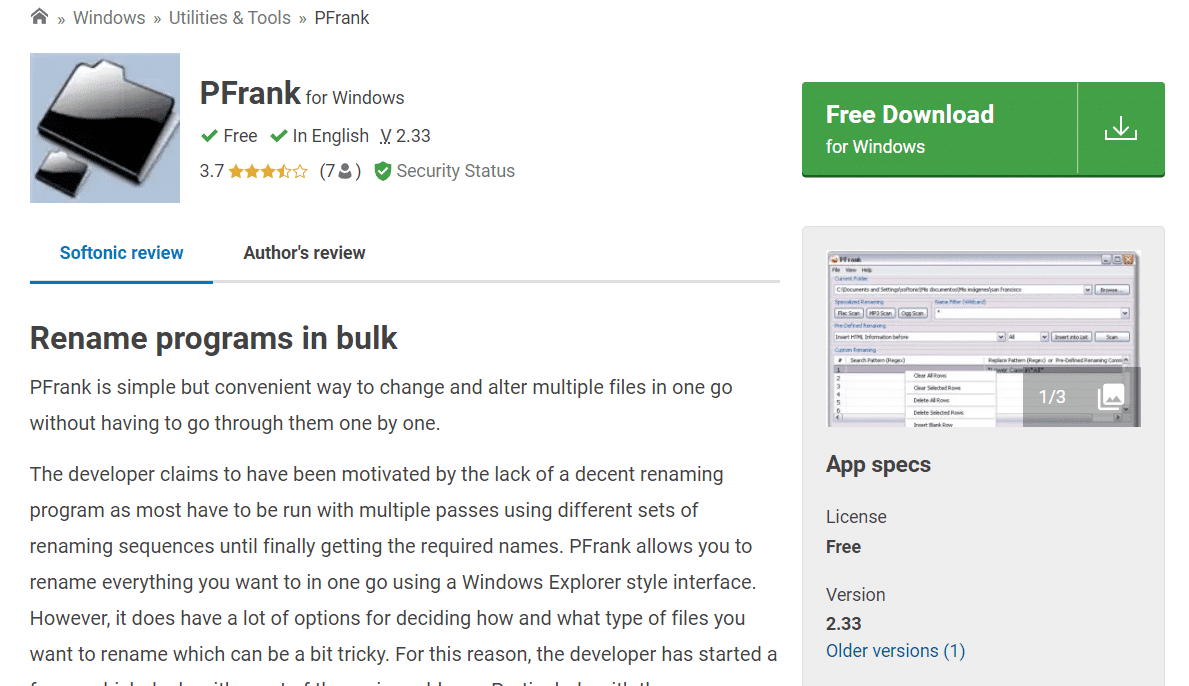 PFrank |  mejor software gratuito de cambio de nombre de archivo para Windows