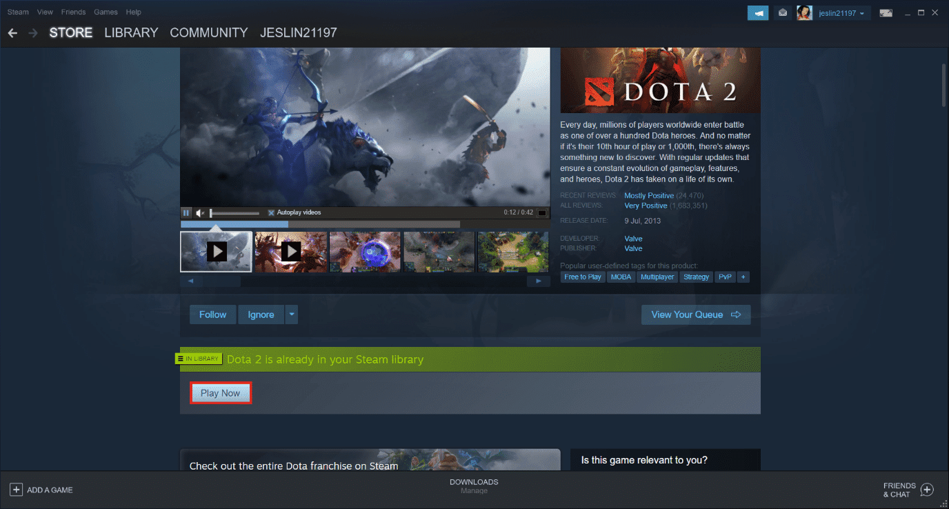 Haz clic en Jugar ahora para instalar el juego.  Solucionar error de escritura en disco de Dota 2