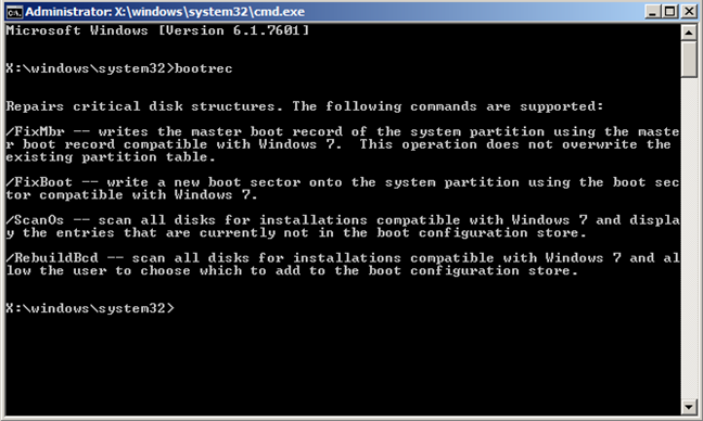 Command Prompt, khởi động, sự cố, Bootrec.exe
