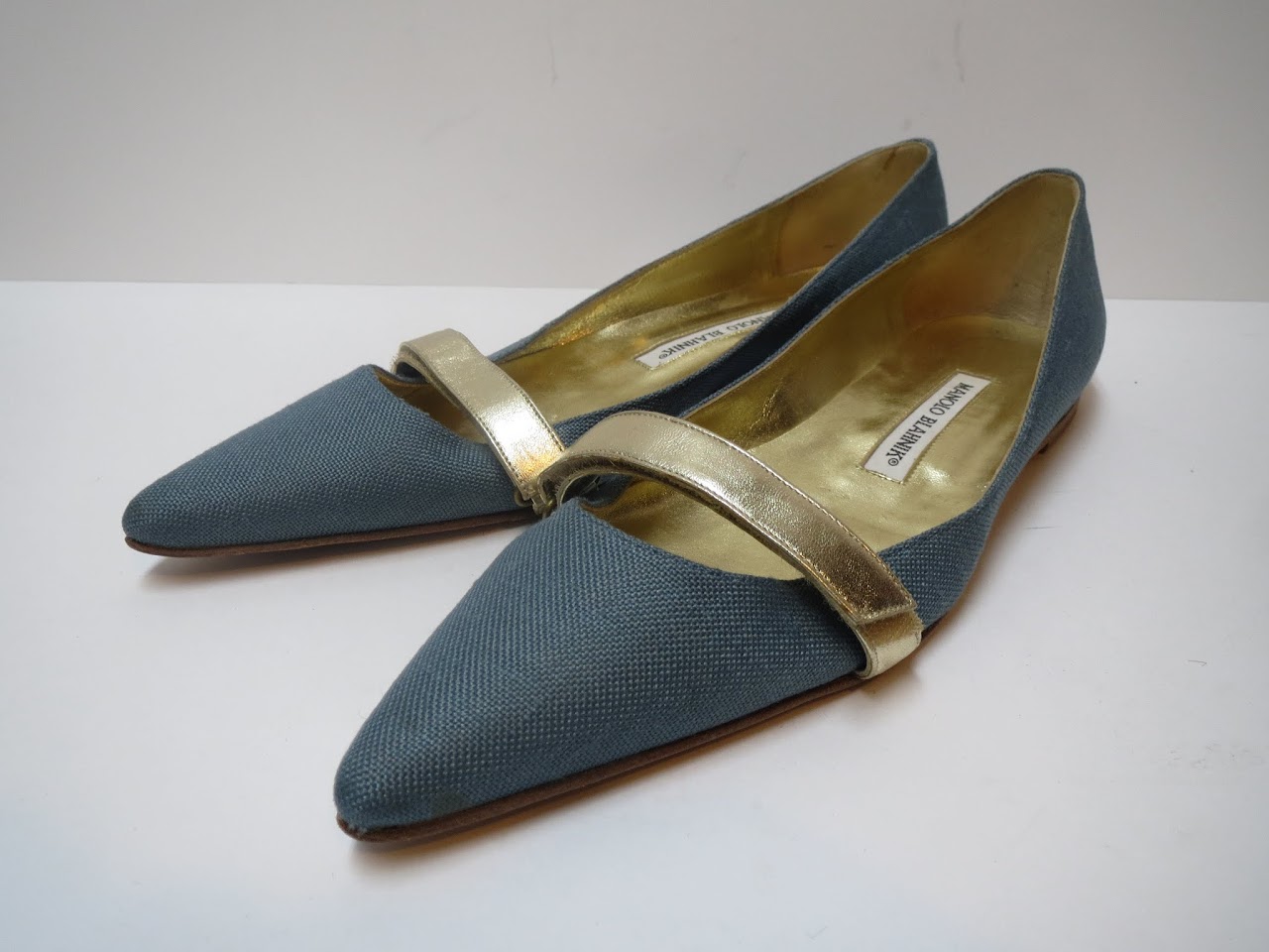 Manolo Blahnik Seafoam Blue and Gold Flats