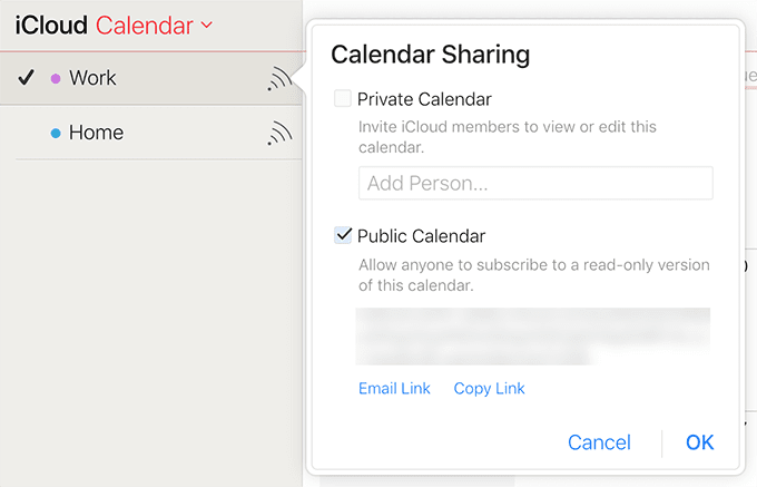 Ventana Compartir calendario de iCloud