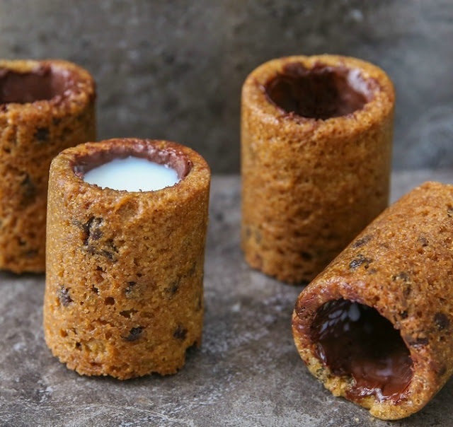 photo of Chocolate Chip Cookie Shots with one filled with milk