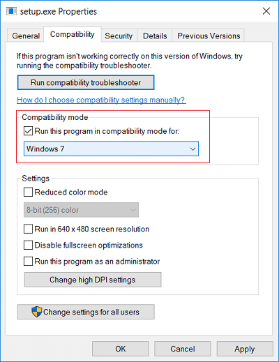 Segno di spunta Esegui questo programma in modalità compatibilità per poi selezionare la versione precedente di Windows