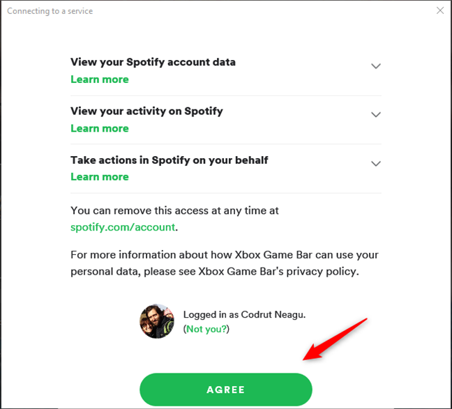 Cấp cho Xbox Game Bar quyền kết nối với tài khoản Spotify của bạn