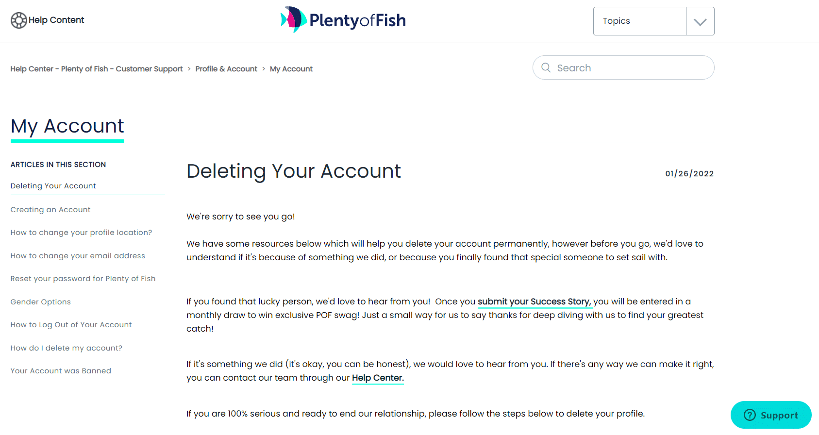 elimina la pagina dell'account in tutto il centro assistenza di Fish