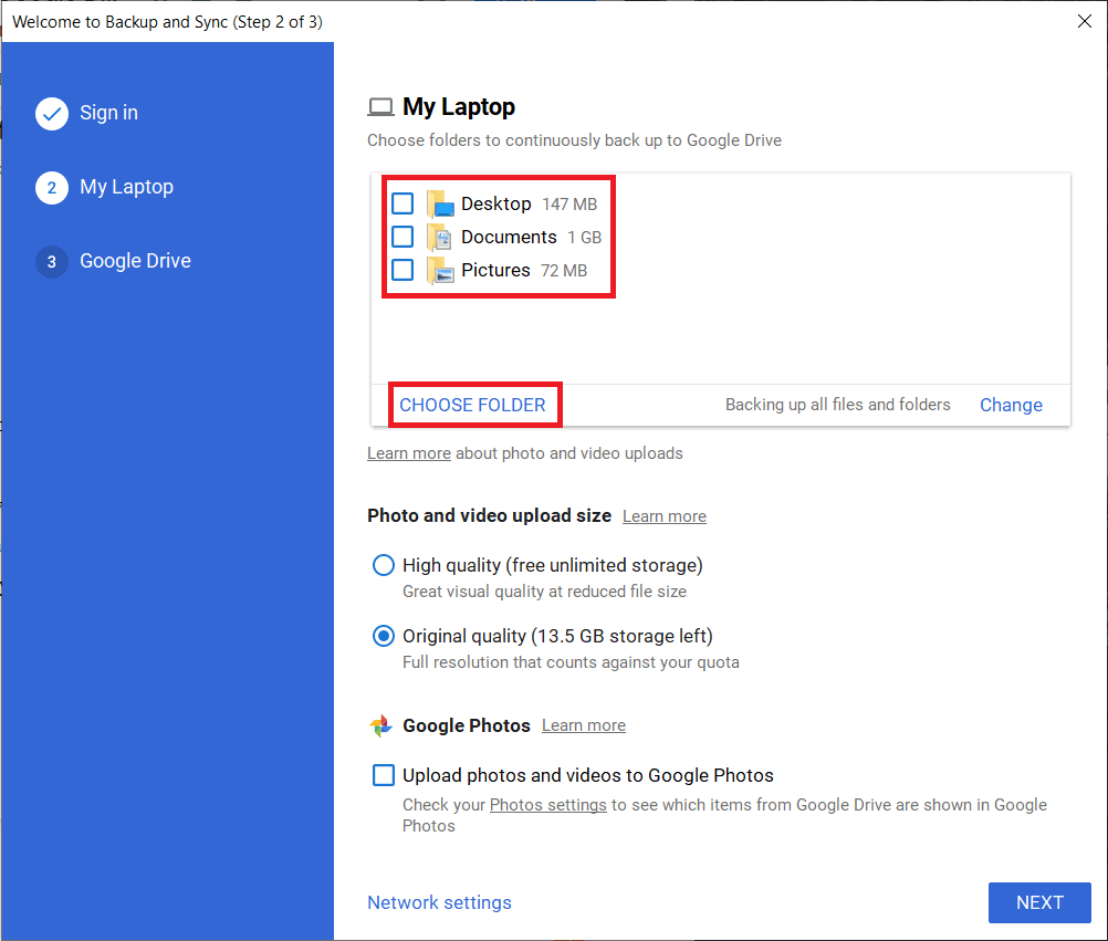 Deselecteer deze Desktop, bestanden in de Documenten en Afbeeldingen en klik op de Kies map