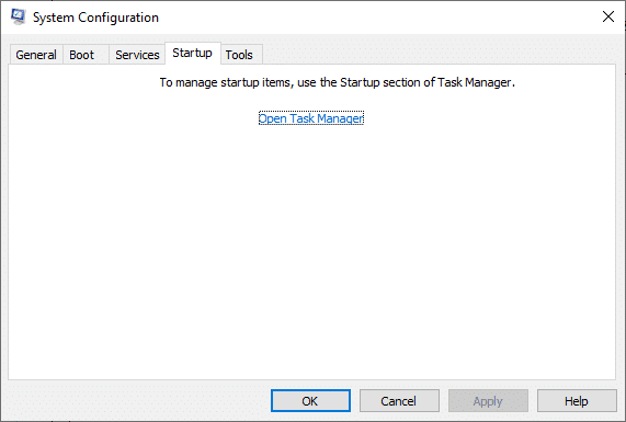 ตอนนี้ให้สลับไปที่แท็บ Startup แล้วคลิกลิงก์เพื่อ Open Task Manager  แก้ไข Event 1000 Application Error ใน Windows 10