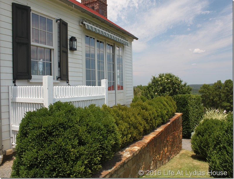 boxwood foundation plantings around the summer kitchen