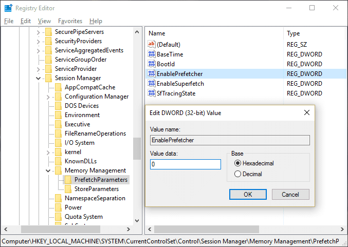 ดับเบิลคลิกที่คีย์ EnablePrefetcher เพื่อตั้งค่าเป็น 0 เพื่อปิดการใช้งาน Superfetch