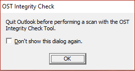 klik op OK op de waarschuwing tijdens het uitvoeren van OST Integrity Check |  Fix Kan uw standaard e-mailmappen niet openen.  De informatiewinkel kan niet worden geopend