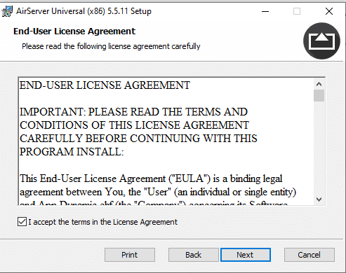 Accepter les termes et conditions d'AirServer