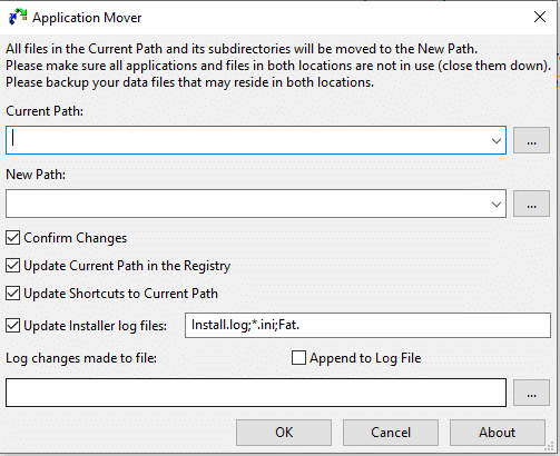 Otevře se dialogové okno programu Application Mover