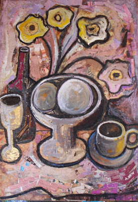 Still life in pink, 88 x 64 cm, collage on board