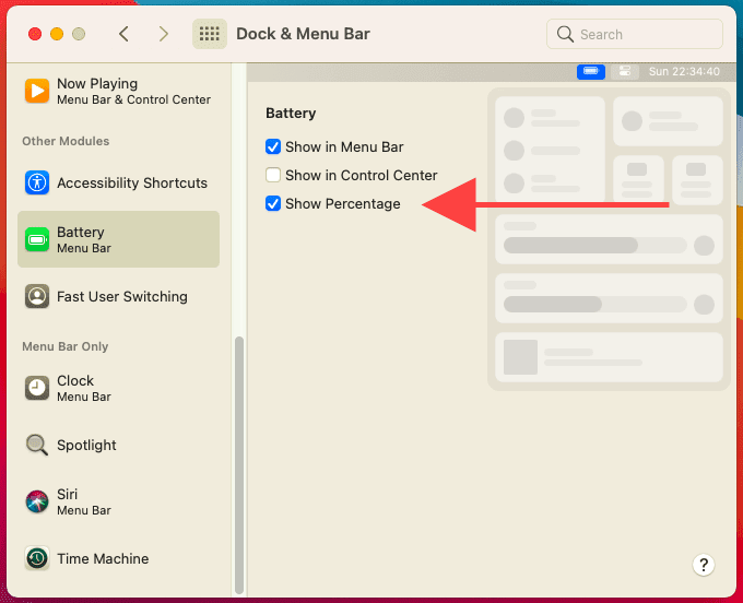 Показать флажок «Процент» в панели Dock & Menu > Battery