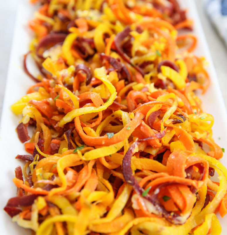 close-up of Roasted Garlic Parmesan Carrot Noodles on a white dish