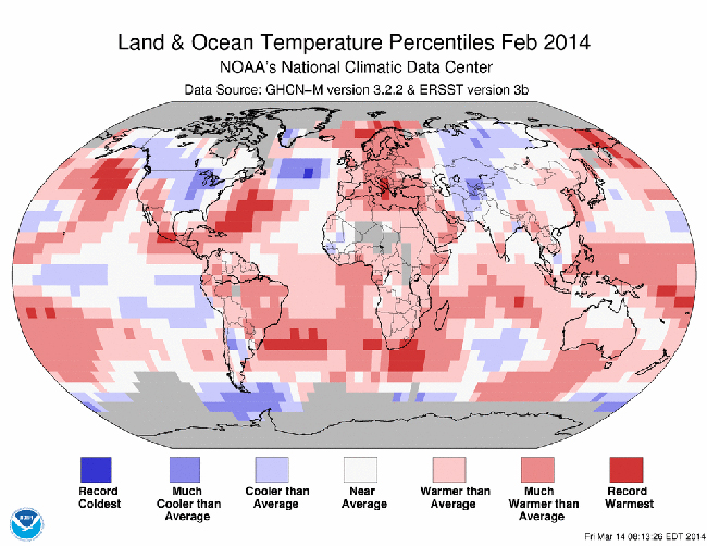 Informe climático de la Tiera: febrero de 2014 el 21º más cálido desde 1880