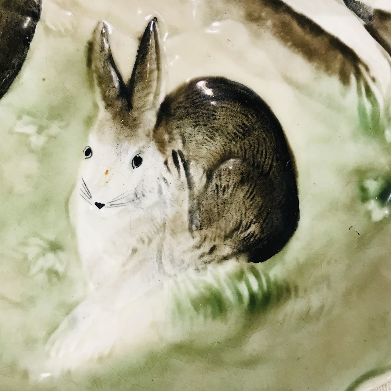 French Majolica Higgins & Seiter Rabbit Plate Pair